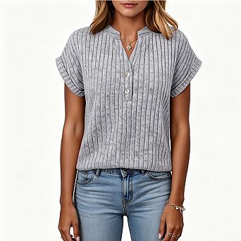 Women's Casual Ribbed Knit Top Henley Neck with Short Sleeves and Button Placket