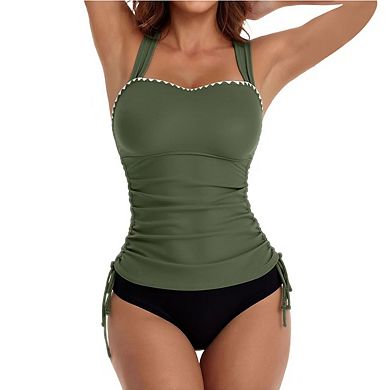 Women's Tankini Swimsuit Ruched Drawstring Halter Top with Brief Bottom 2-Piece Bathing Suit