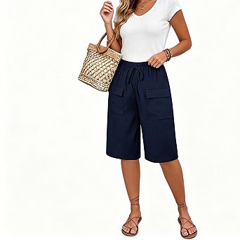 Women's Casual Cargo Bermuda Shorts Elastic Waist Drawstring Wide-Leg Shorts with Pockets