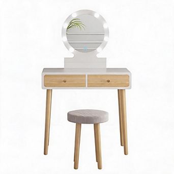 White Makeup Vanity Table Set 3-Color LED Mirror Dressing Desk with 2 Drawers & Cushioned Stool