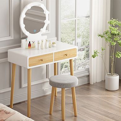 White Makeup Vanity Table Set 3-Color LED Mirror Dressing Desk with 2 Drawers & Cushioned Stool