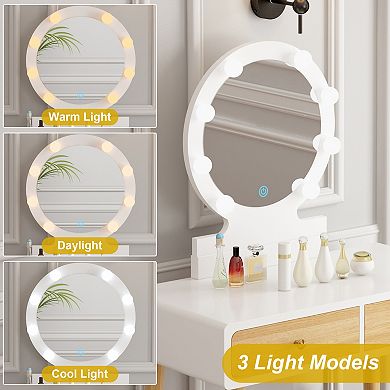 White Makeup Vanity Table Set 3-Color LED Mirror Dressing Desk with 2 Drawers & Cushioned Stool