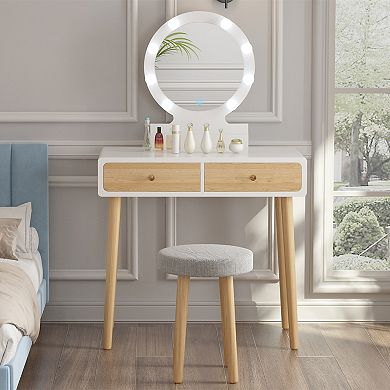 White Makeup Vanity Table Set 3-Color LED Mirror Dressing Desk with 2 Drawers & Cushioned Stool