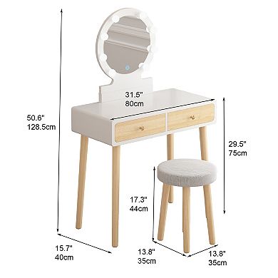 White Makeup Vanity Table Set 3-Color LED Mirror Dressing Desk with 2 Drawers & Cushioned Stool