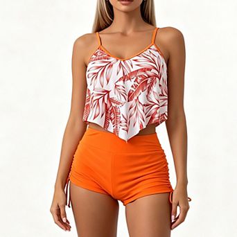 Women's Floral Print Tankini Set, Adjustable Spaghetti Straps, High Waist Drawstring Boyshort Swimsu
