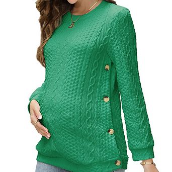 Women's Cable Knit Maternity Top, Long Sleeve Nursing Pullover with Buttons
