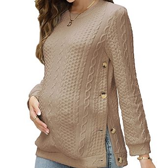 Women's Cable Knit Maternity Top, Long Sleeve Nursing Pullover with Buttons