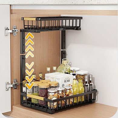 L-Shaped 2-Tier Pull Out Cabinet Shelf, Sliding Under Sink Organizer, Easy Adjustable Storage Rack
