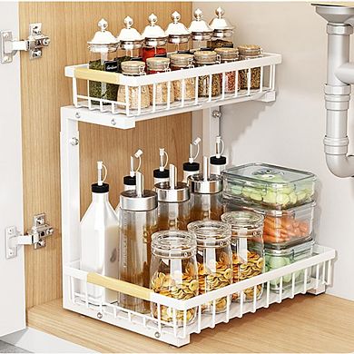 L-Shaped 2-Tier Pull Out Cabinet Shelf, Sliding Under Sink Organizer, Easy Adjustable Storage Rack