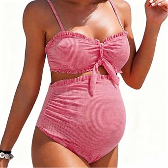 Women's Maternity Gingham Bikini Set, Adjustable Straps High Waist Ruched Two-Piece Swimsuit