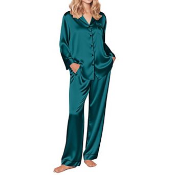 Ekouaer Silk Pajamas for Women Button Down Satin Pj Set Soft Long Sleeve 2 pc Sleepwear Loungewear