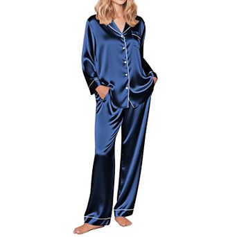 Ekouaer Silk Pajamas for Women Button Down Satin Pj Set Soft Long Sleeve 2 pc Sleepwear Loungewear