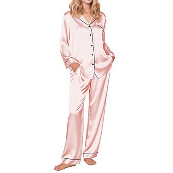 Ekouaer Silk Pajamas for Women Button Down Satin Pj Set Soft Long Sleeve 2 pc Sleepwear Loungewear