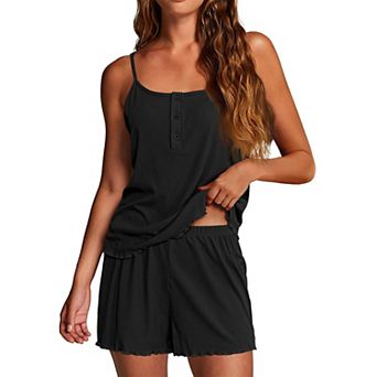 Ekouaer Pajamas Set Lingerie Pajamas Two Piece Cami Sleepwear Ribbed Knit Shorts Set