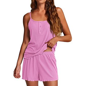 Ekouaer Pajamas Set Lingerie Pajamas Two Piece Cami Sleepwear Ribbed Knit Shorts Set