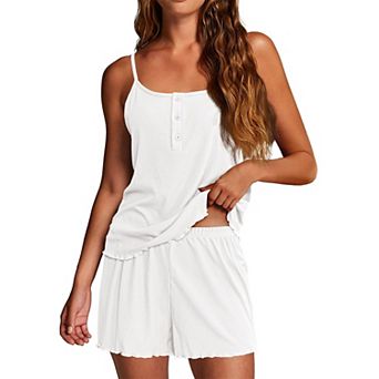 Ekouaer Pajamas Set Lingerie Pajamas Two Piece Cami Sleepwear Ribbed Knit Shorts Set