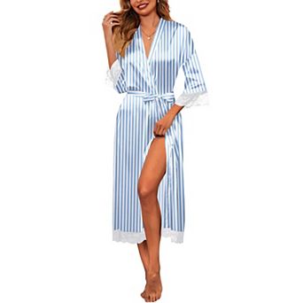 Ekouaer Satin Robes Lace Trim Silk Robe Three Quarter Sleeve Kimono Bathrobe Bride Bridesmaid