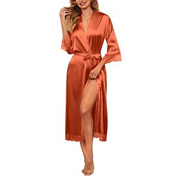 Ekouaer Satin Robes Lace Trim Silk Robe Three Quarter Sleeve Kimono Bathrobe Bride Bridesmaid