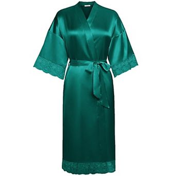 Ekouaer Satin Robes Lace Trim Silk Robe Three Quarter Sleeve Kimono Bathrobe Bride Bridesmaid