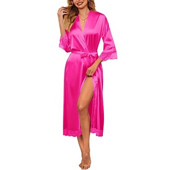 Ekouaer Satin Robes Lace Trim Silk Robe Three Quarter Sleeve Kimono Bathrobe Bride Bridesmaid