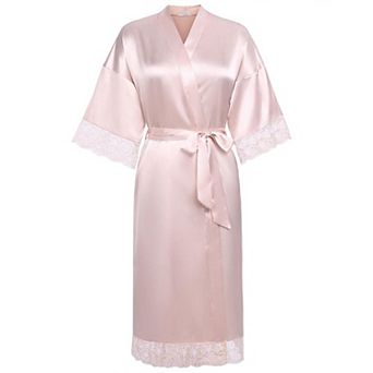 Ekouaer Satin Robes Lace Trim Silk Robe Three Quarter Sleeve Kimono Bathrobe Bride Bridesmaid