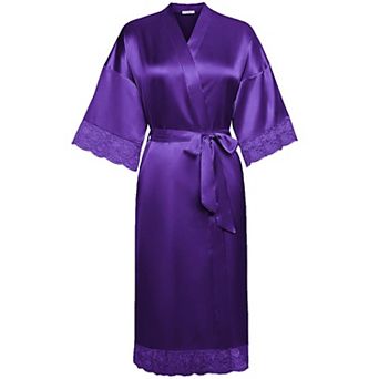 Ekouaer Satin Robes Lace Trim Silk Robe Three Quarter Sleeve Kimono Bathrobe Bride Bridesmaid