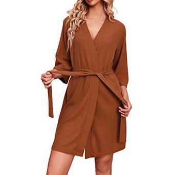 Ekouaer Robes Waffle Knit Bathrobe Soft Lightweight Knee Length Loungewear