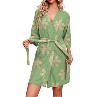 Ekouaer Robes Waffle Knit Bathrobe Soft Lightweight Knee Length Loungewear