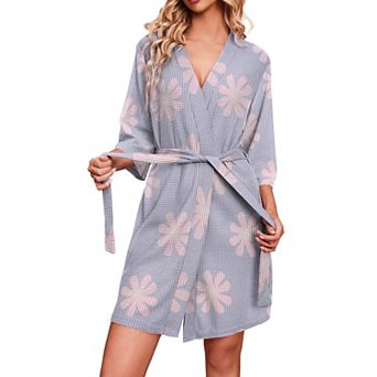 Ekouaer Robes Waffle Knit Bathrobe Soft Lightweight Knee Length Loungewear