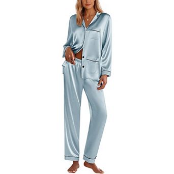 Ekouaer Silk Pajamas for Women Classic Button Down Satin Pajama Sets Long Sleeve Lounge Set