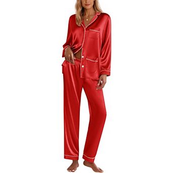 Ekouaer Silk Pajamas for Women Classic Button Down Satin Pajama Sets Long Sleeve Lounge Set
