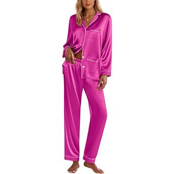 Ekouaer Silk Pajamas for Women Classic Button Down Satin Pajama Sets Long Sleeve Lounge Set