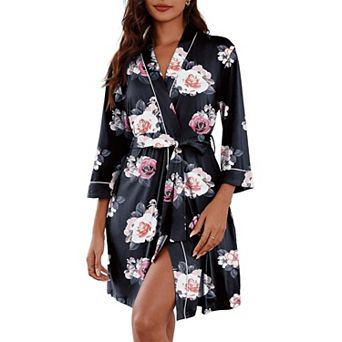 Ekouaer Womens Robes Knee Length Knit Kimono Bathrobe Three Quarter Sleeve Sleepwear V neck Ladies