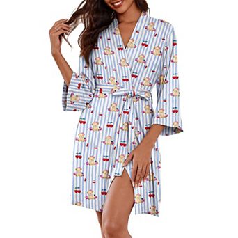Ekouaer Womens Robes Knee Length Knit Kimono Bathrobe Three Quarter Sleeve Sleepwear V neck Ladies