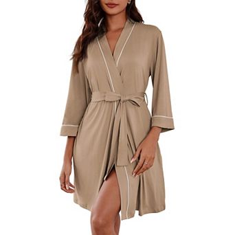 Ekouaer Womens Robes Knee Length Knit Kimono Bathrobe Three Quarter Sleeve Sleepwear V neck Ladies