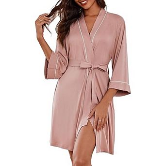 Ekouaer Womens Robes Knee Length Knit Kimono Bathrobe Three Quarter Sleeve Sleepwear V neck Ladies