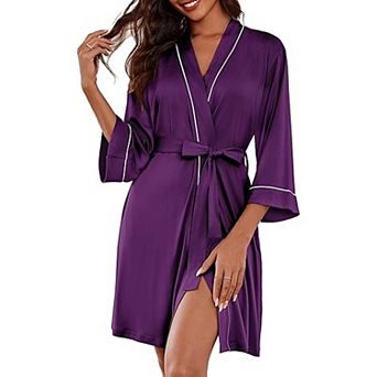 Ekouaer Womens Robes Knee Length Knit Kimono Bathrobe Three Quarter Sleeve Sleepwear V neck Ladies