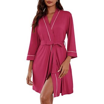 Ekouaer Womens Robes Knee Length Knit Kimono Bathrobe Three Quarter Sleeve Sleepwear V neck Ladies