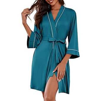 Ekouaer Womens Robes Knee Length Knit Kimono Bathrobe Three Quarter Sleeve Sleepwear V neck Ladies