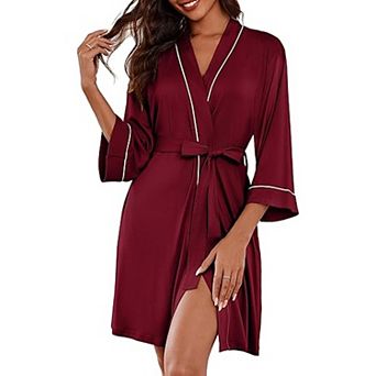 Ekouaer Womens Robes Knee Length Knit Kimono Bathrobe Three Quarter Sleeve Sleepwear V neck Ladies