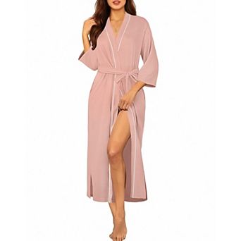 Ekouaer Womens Long Robe Knit Bathrobe Lightweight Three Quarter Sleeves Kimono Robe Soft Sleepwear