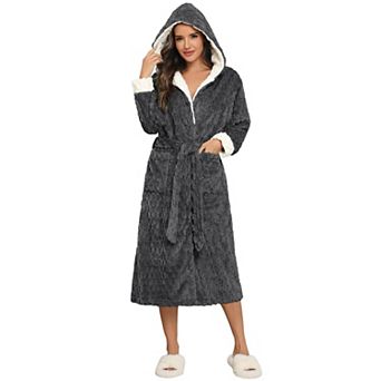 Ekouaer Plush Robe Womens Long Sleep Robe Jacquard Fluffy Bathrobe Lapel Fleece Lounge Robes