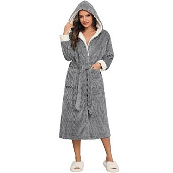Ekouaer Plush Robe Womens Long Sleep Robe Jacquard Fluffy Bathrobe Lapel Fleece Lounge Robes with