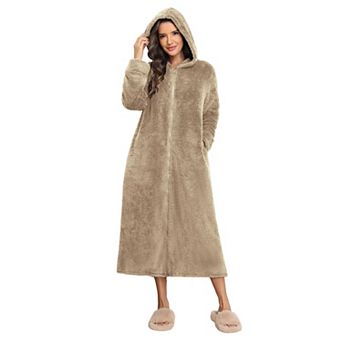 Ekouaer Ladies Soft Robes Plush Long Fluffy Zipper Robe Fuzzy Warm Fleece Sleep Robe with Pockets