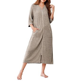 Ekouaer Zipper Robes Three Quarter Sleeve Bathrobe House Coats with Pockets Long Moo Nightgown