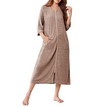 Ekouaer Zipper Robes Three Quarter Sleeve Bathrobe House Coats with Pockets Long Moo Nightgown