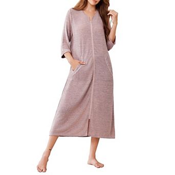 Ekouaer Zipper Robes Three Quarter Sleeve Bathrobe House Coats with Pockets Long Moo Nightgown
