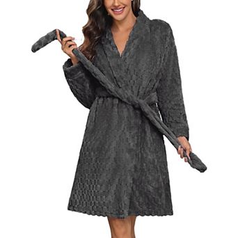 Ekouaer Robes Short Fleece Bathrobe Winter Long Sleeve Fuzzy Sleepwear Warm Spa Robe with Pockets