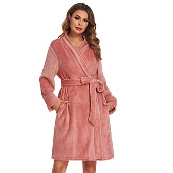 Ekouaer Robes Short Fleece Bathrobe Winter Long Sleeve Fuzzy Sleepwear Warm Spa Robe with Pockets
