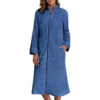 Ekouaer Womens Zipper Robes Long Sleeve Zip Up House Coat Full Length Warm Flannel Bathrobe